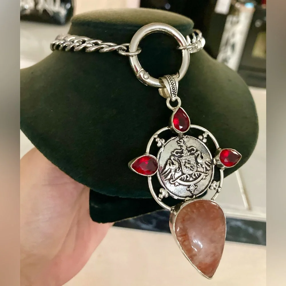 925 Sterling silver overlay orange brown agate & red garnet stones boho necklace - Picture 13 of 15